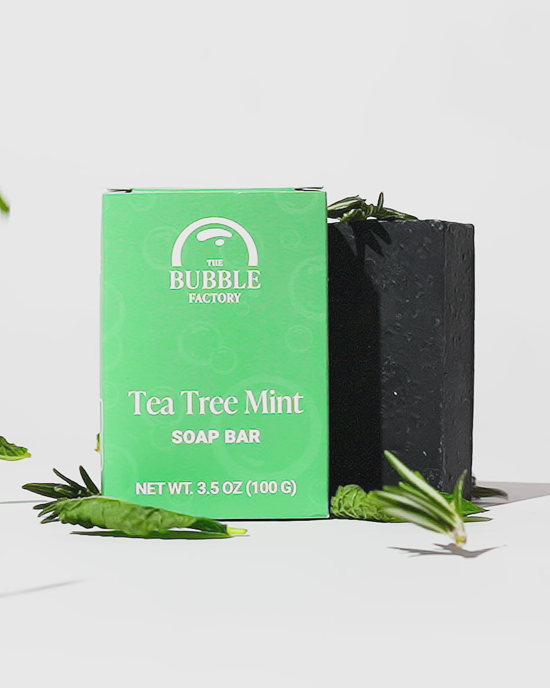 Tea Tree Mint Natural Essential Oil Soap Bar, Front view Animation with Shurb leaves and Mint leaves