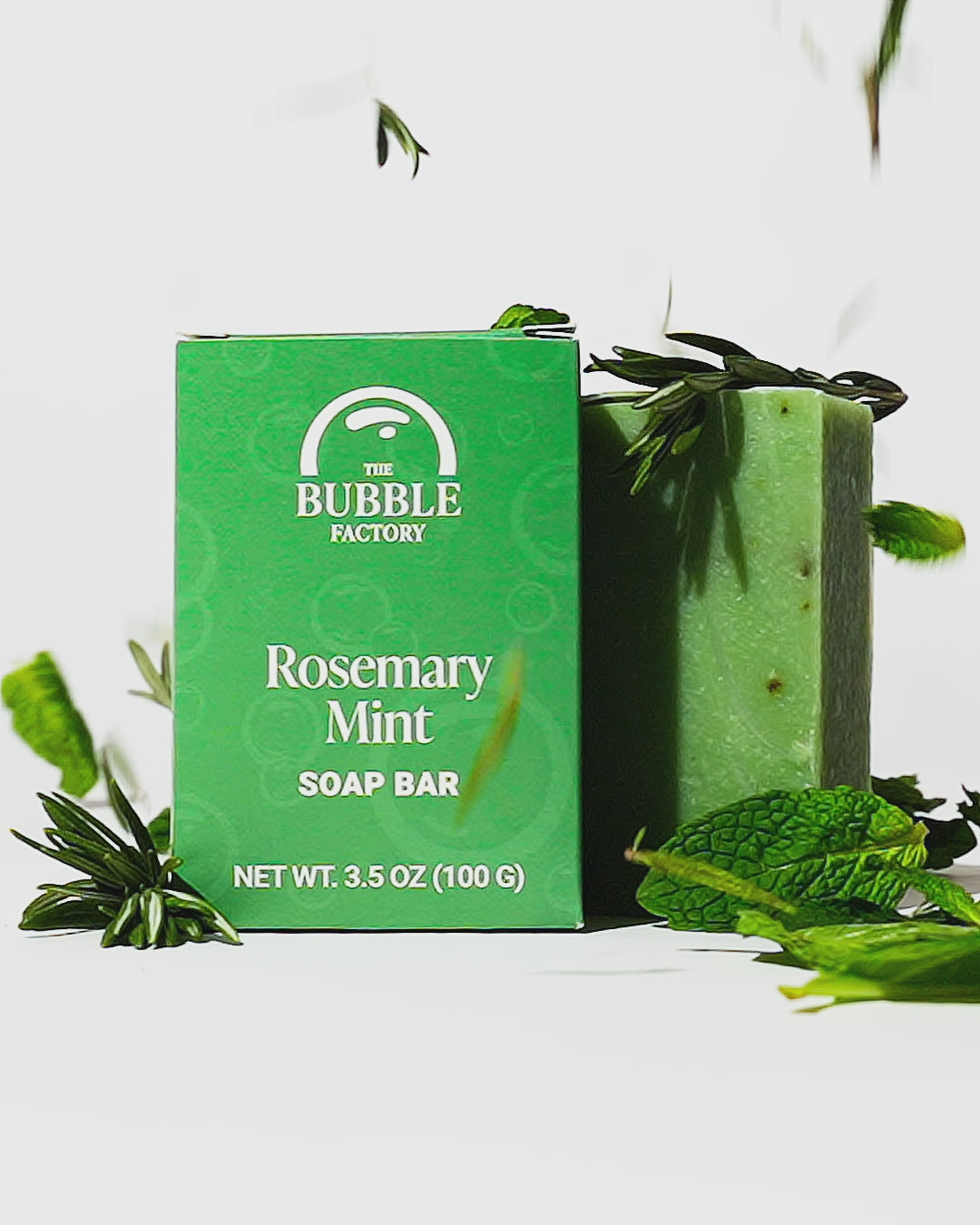 Rosemary Mint Natural Essential Oil Soap Bar, Front view Animation with Shurb leaves and Mint leaves