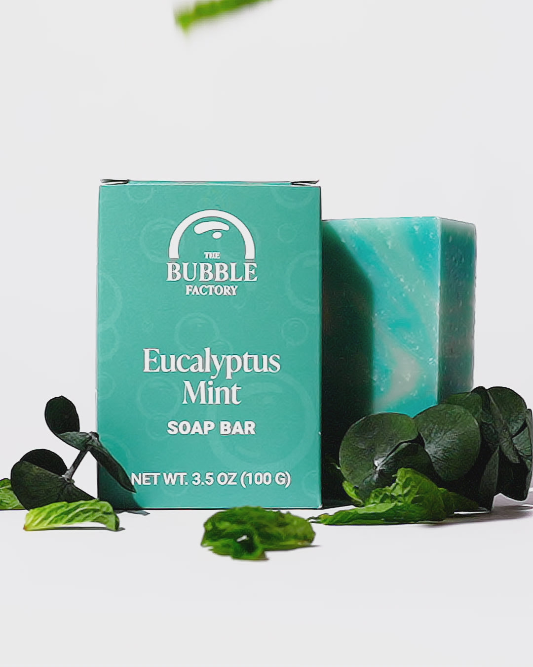 Eucalyptus Mint Natural Essential Oil Soap Bar, Front view Animation with Mint Leaves
