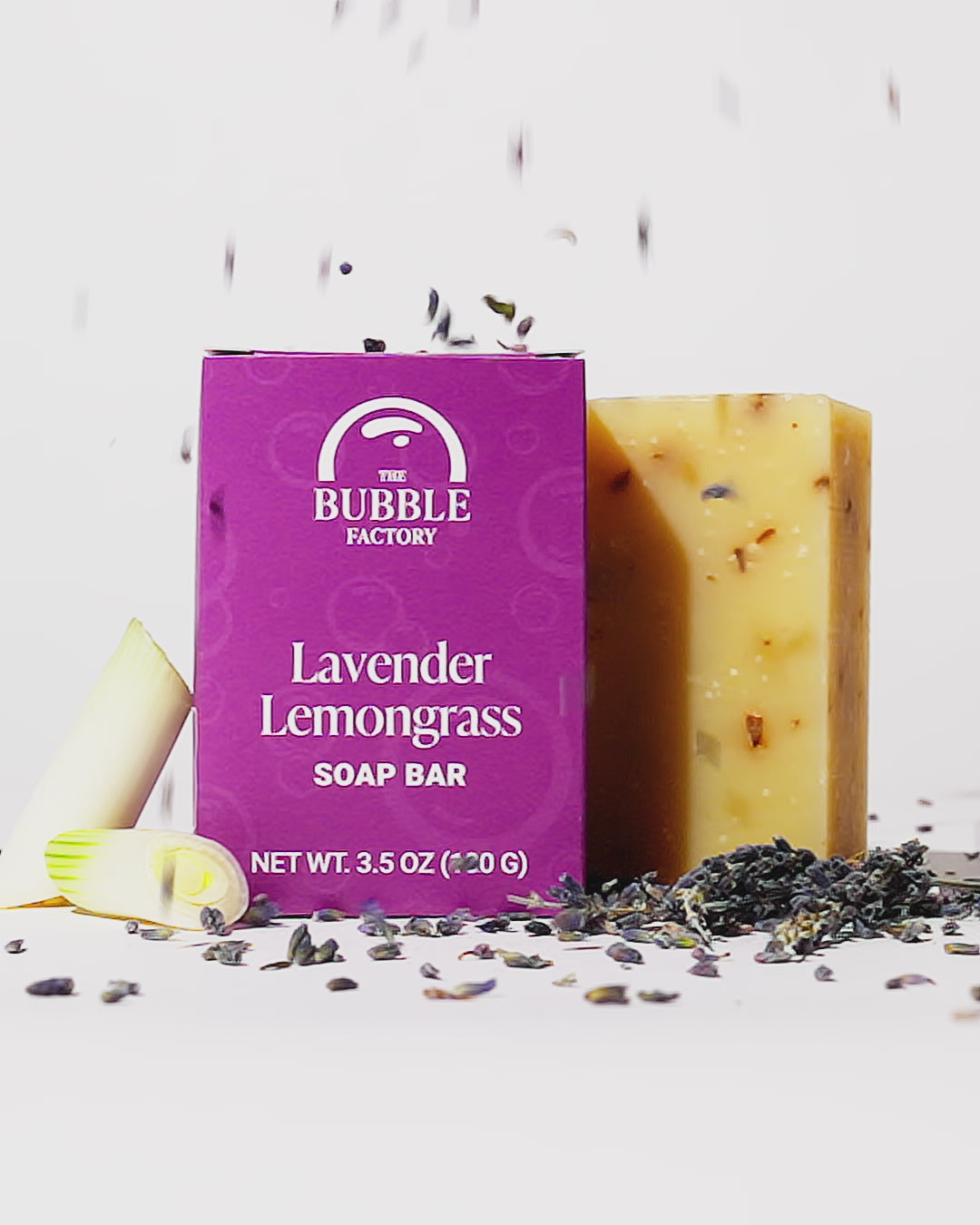 Lavender Lemongrass Natural Essential Oil Soap Bar, Front view Animation with Lavender Leaves