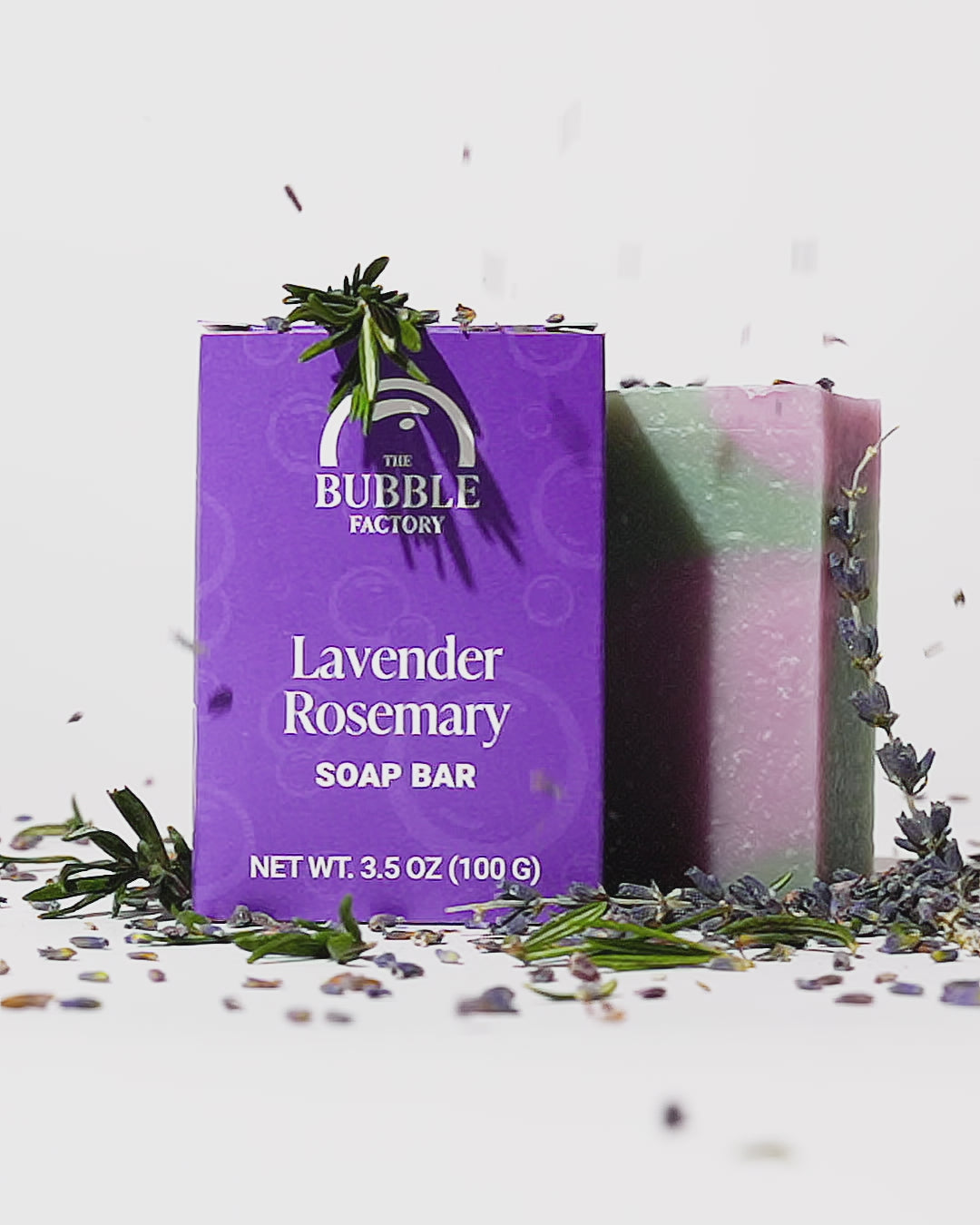 Lavender Rosemary Natural Essential Oil Soap Bar, Front view Animation with Rosemary and Lavender leaves